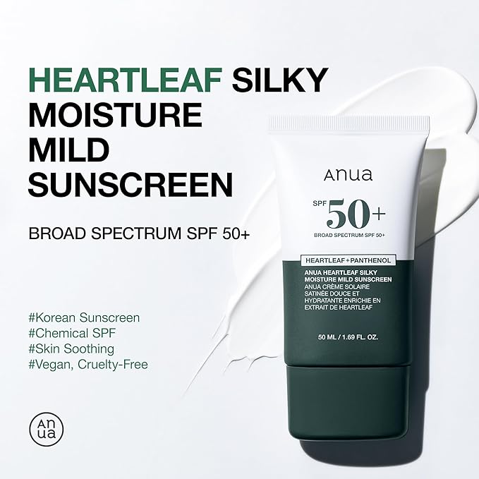 Anua Heartleaf Silky Moisture Sun Cream - Mild Sunscreen, Broad Spectrum SPF 50+ with Moisturizing Formula, Lightweight with Natural finish